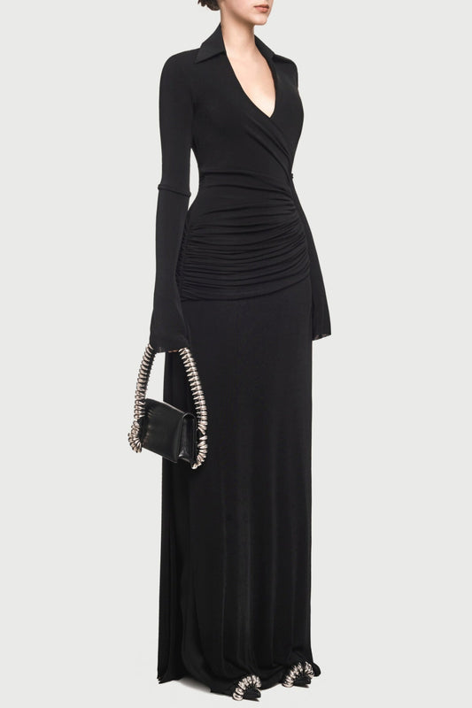 Alistair Shirt Collar Draped Maxi Dress - Black