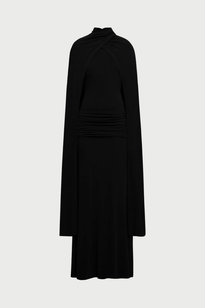 Amalia Ruched Shawl Maxi Dress - Black