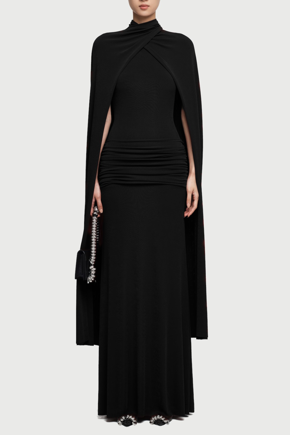 Amalia Ruched Shawl Maxi Dress - Black