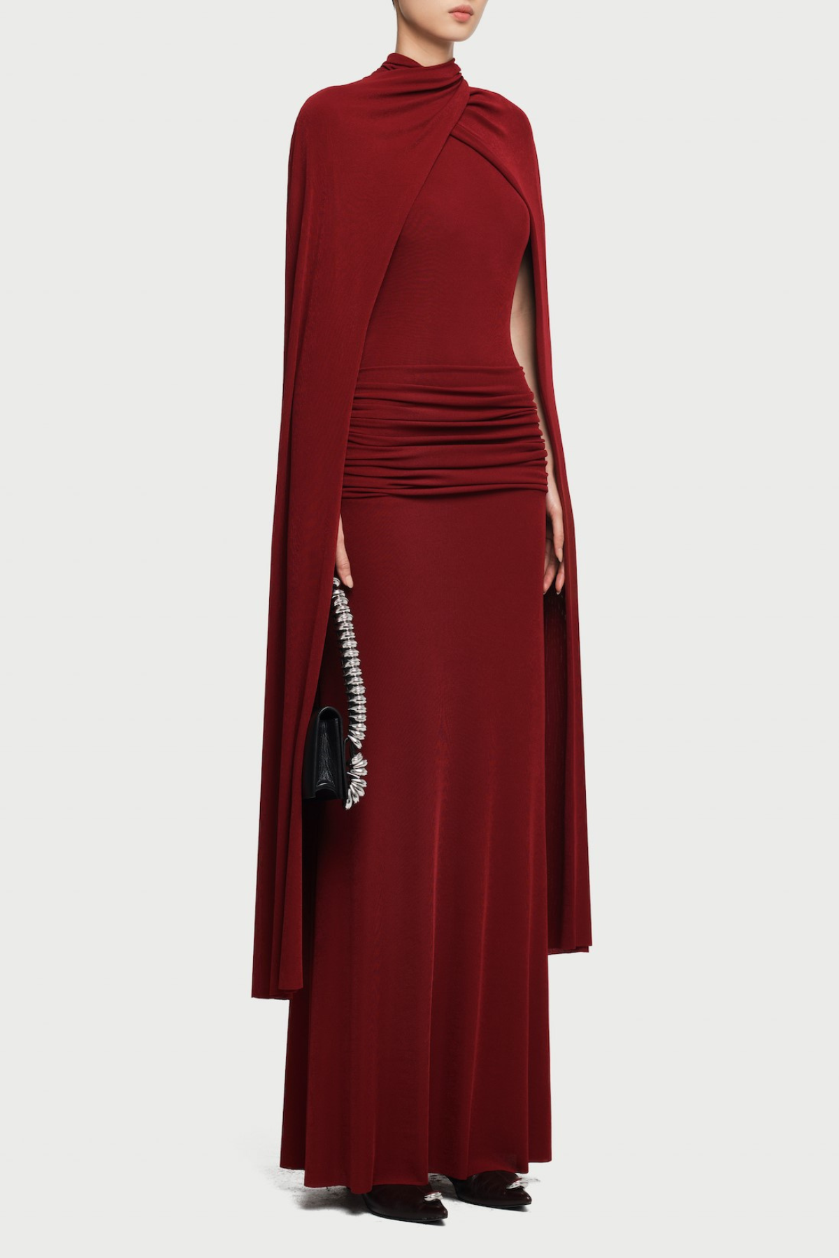 Amalia Ruched Shawl Maxi Dress - Wine