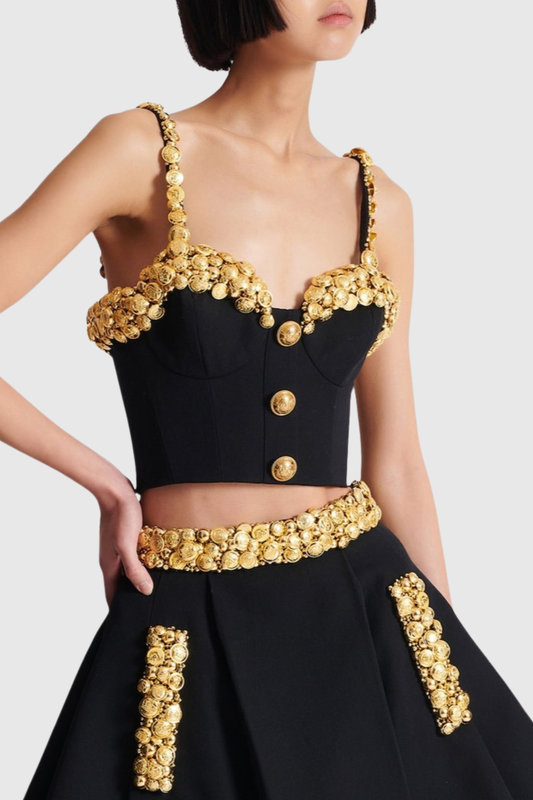 Ambika Buttoned Embellished Top & Mini Skirt Set