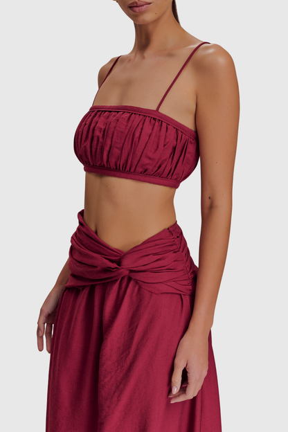 Annike Ruched Top & Knot Maxi Skirt Set - Wine