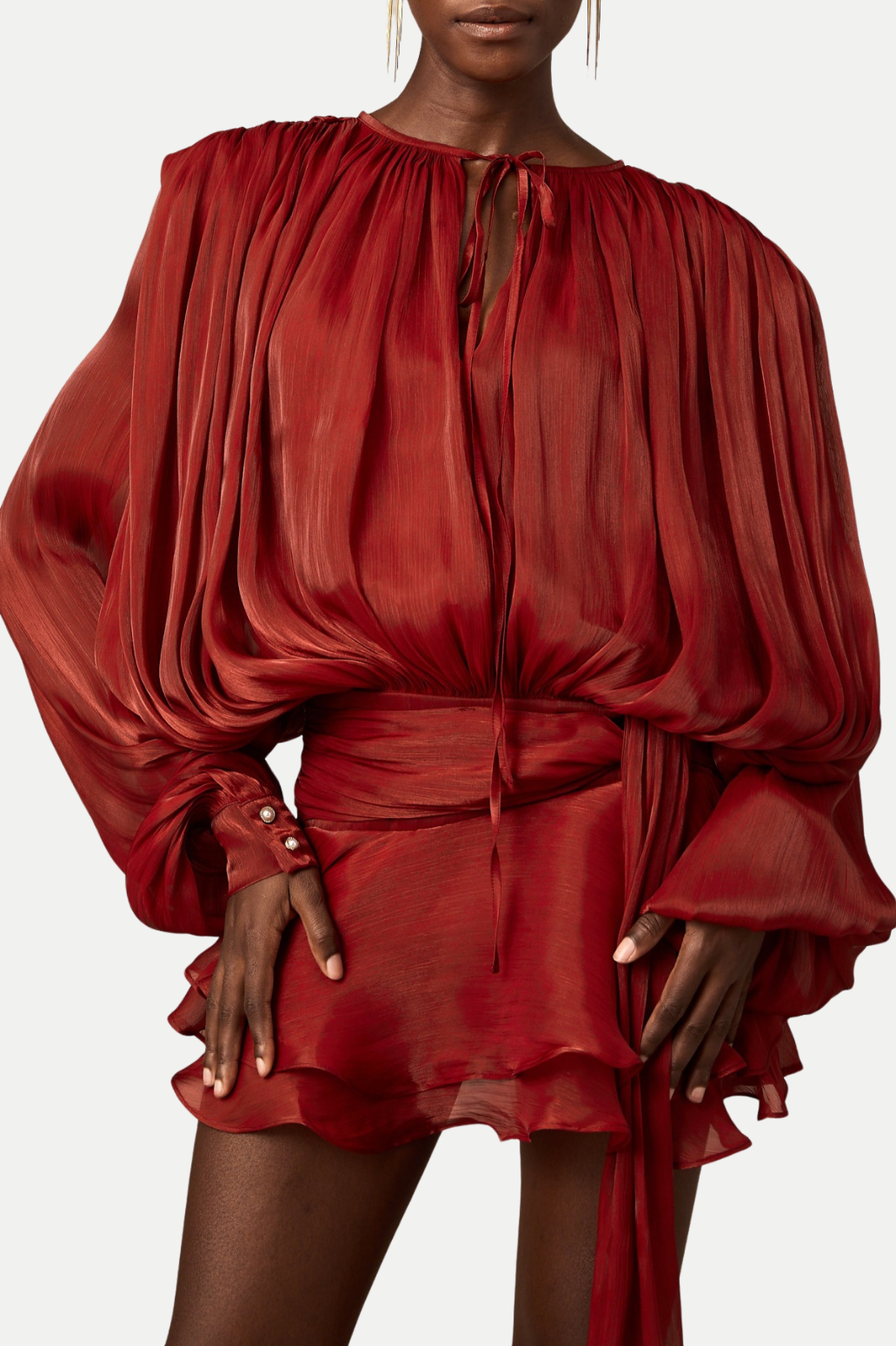 Anzay Pleated Ruffled Hem Mini Dress - Red