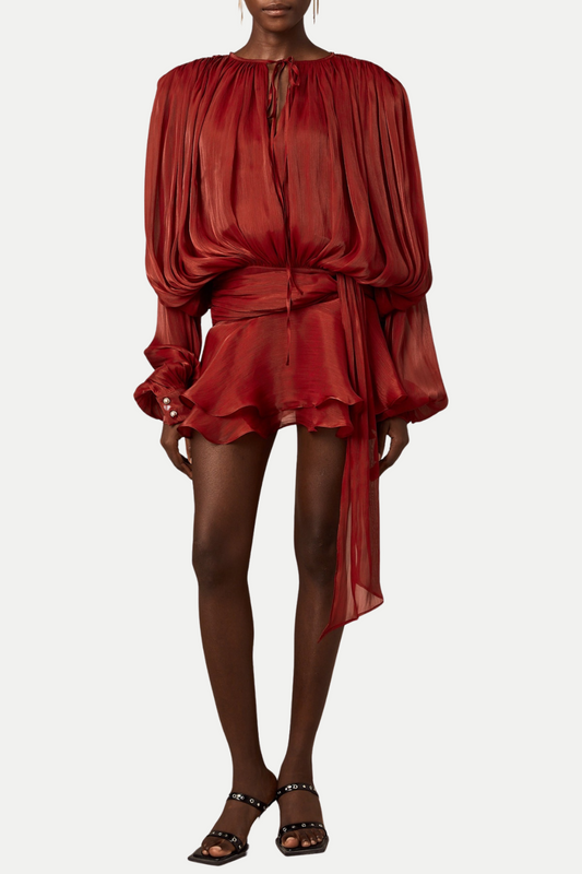 Anzay Pleated Ruffled Hem Mini Dress - Red