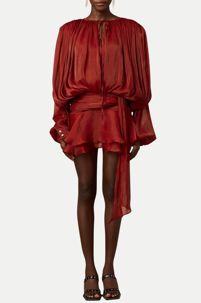 Anzay Pleated Ruffled Hem Mini Dress - Red