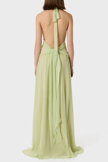 Aonaver Floral Ruffle Halter Maxi Dress - Green