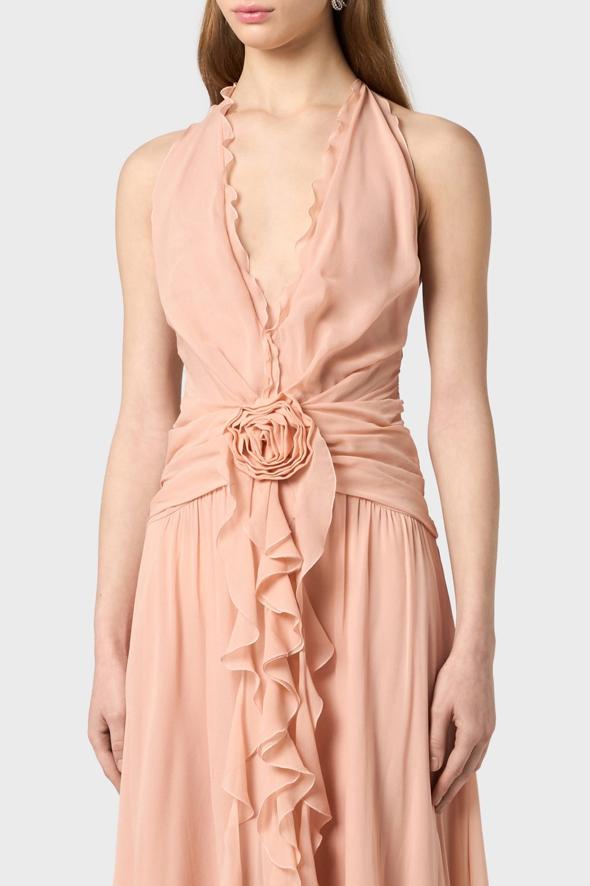 Aonaver Floral Ruffle Halter Maxi Dress - Pink
