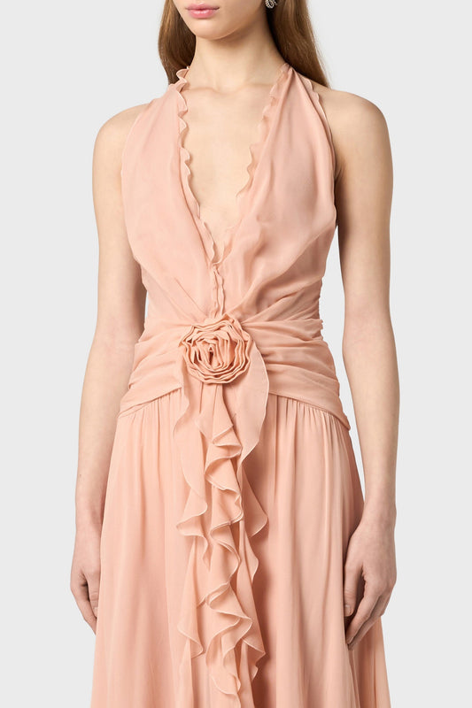 Aonaver Floral Ruffle Halter Maxi Dress - Pink