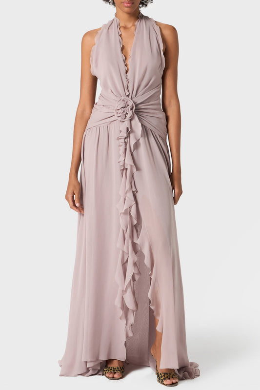Aonaver Floral Ruffle Halter Maxi Dress - Purple