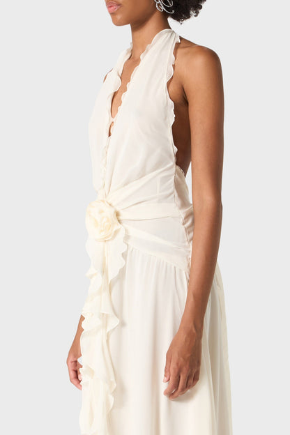 Aonaver Floral Ruffle Halter Maxi Dress - White