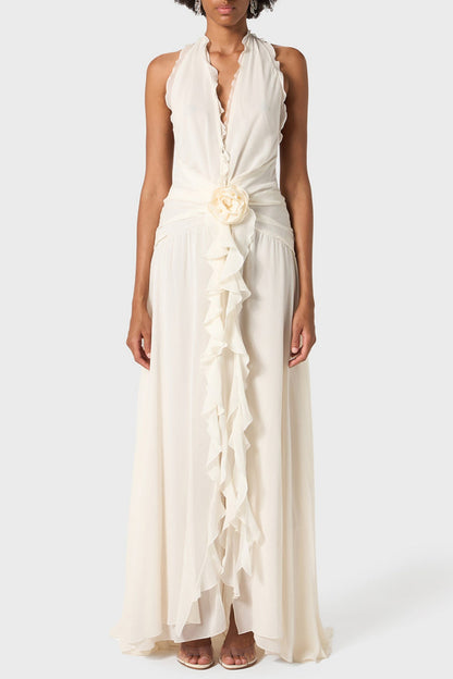 Aonaver Floral Ruffle Halter Maxi Dress - White