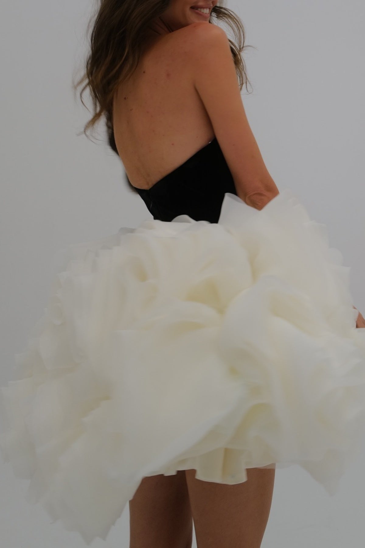 Archki Ruched Flower Strapless Mini Dress