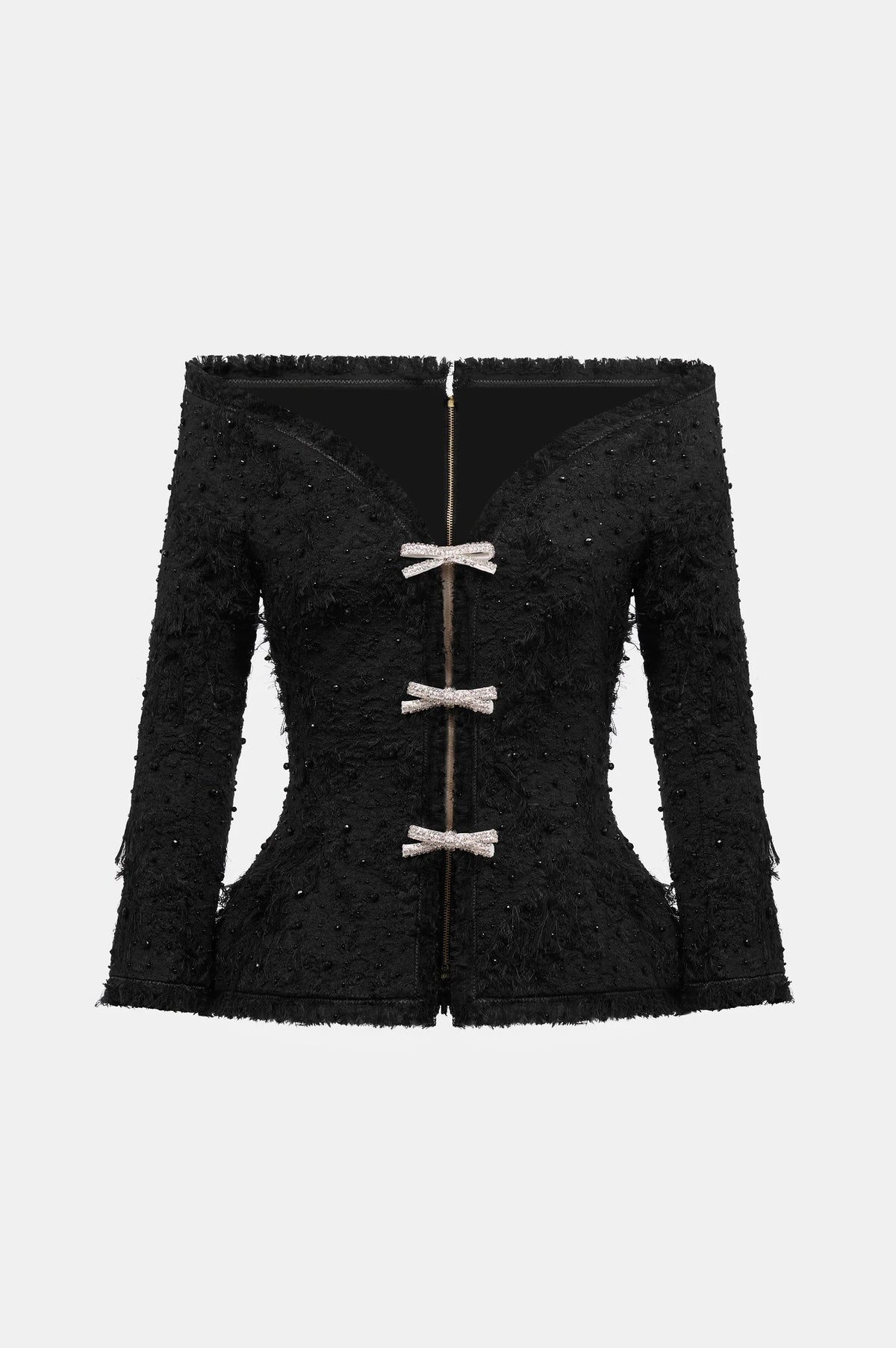 Arife Off Shoulder Bow Crystal Embellished Blazer Two Piece Set - Black