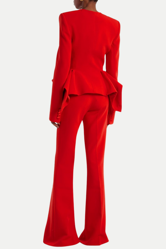 Audith Ruffled Blazer Two Piece Set - Red