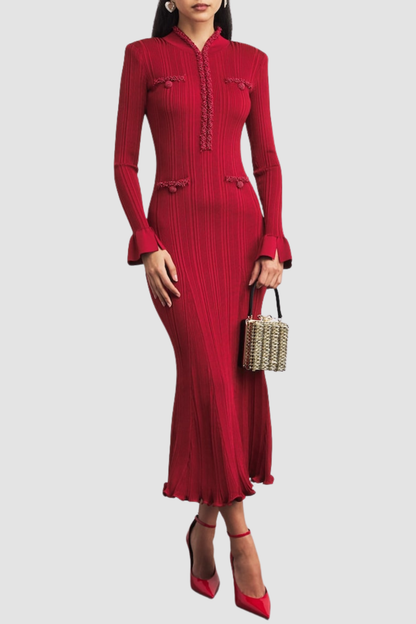 Austio Pearl Trim Knit Midi Dress