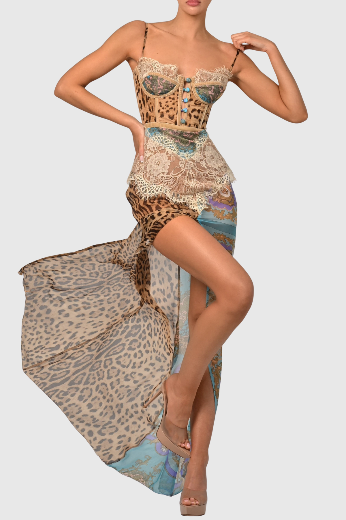 Barba Lace Leopard Print  Maxi Dress -Blue