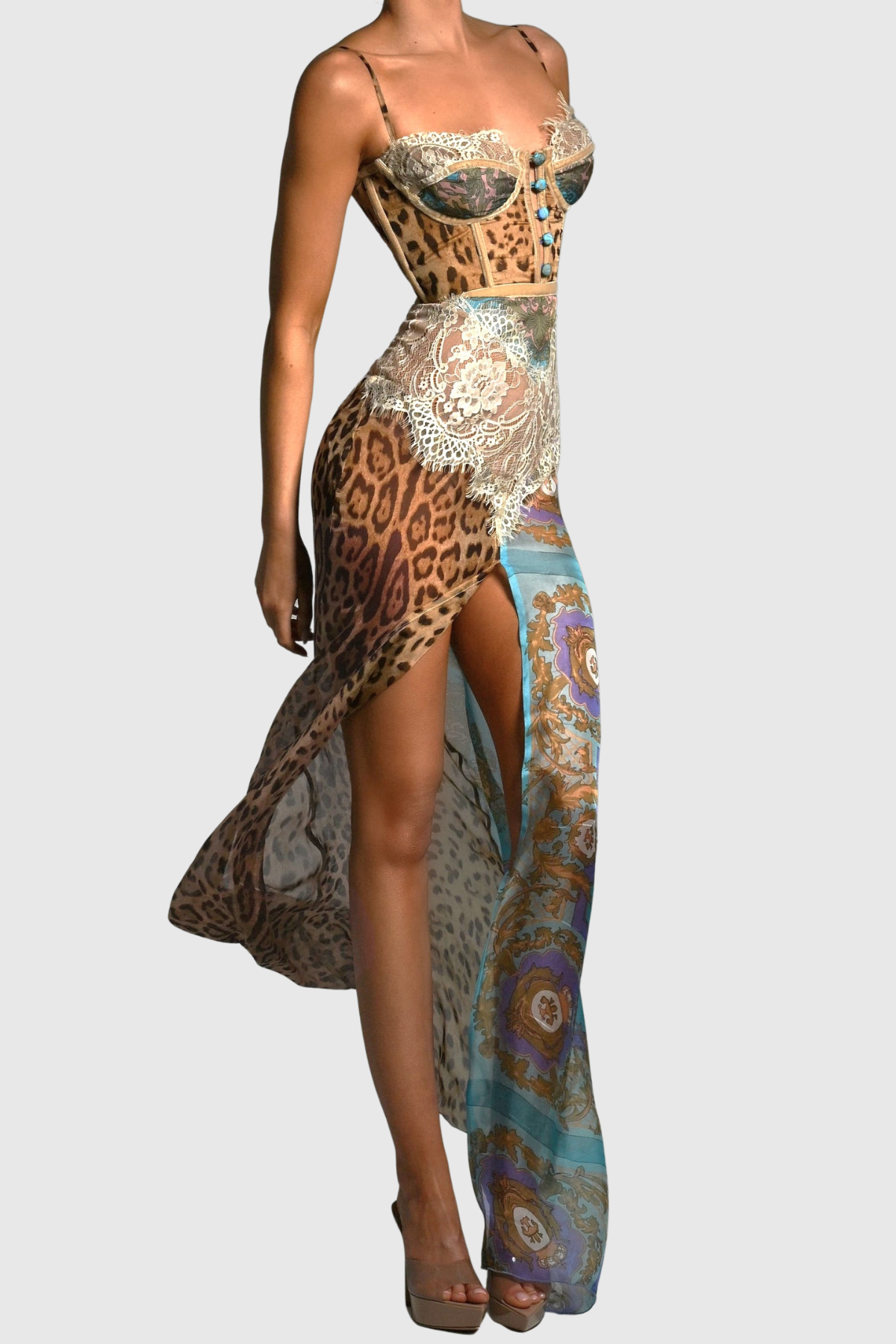 Barba Lace Leopard Print  Maxi Dress -Blue