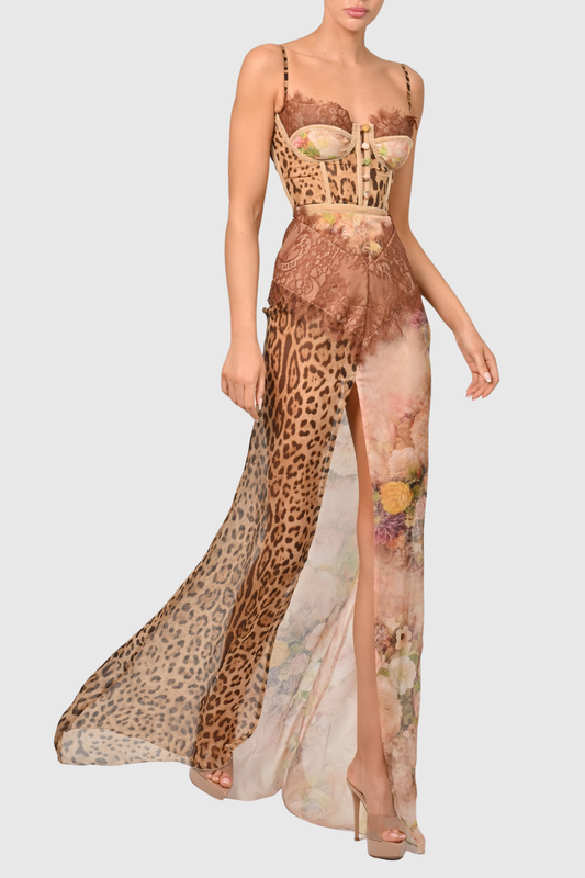 Barba Lace Leopard Print  Maxi Dress - Chocolate