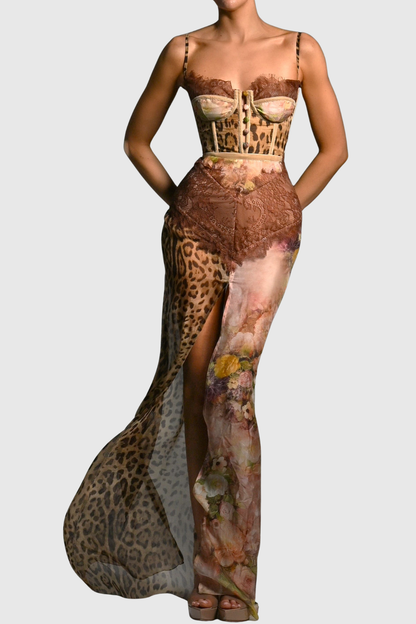 Barba Lace Leopard Print  Maxi Dress - Chocolate