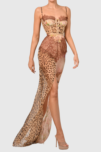 Barba Lace Leopard Print  Maxi Dress - Chocolate