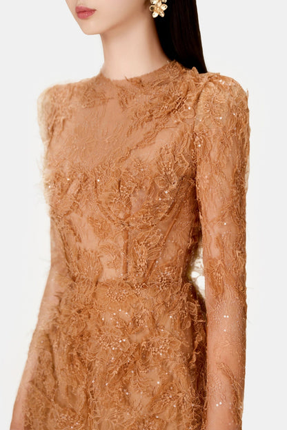 Batya Lace Long Sleeve Mini Dress - Caramel