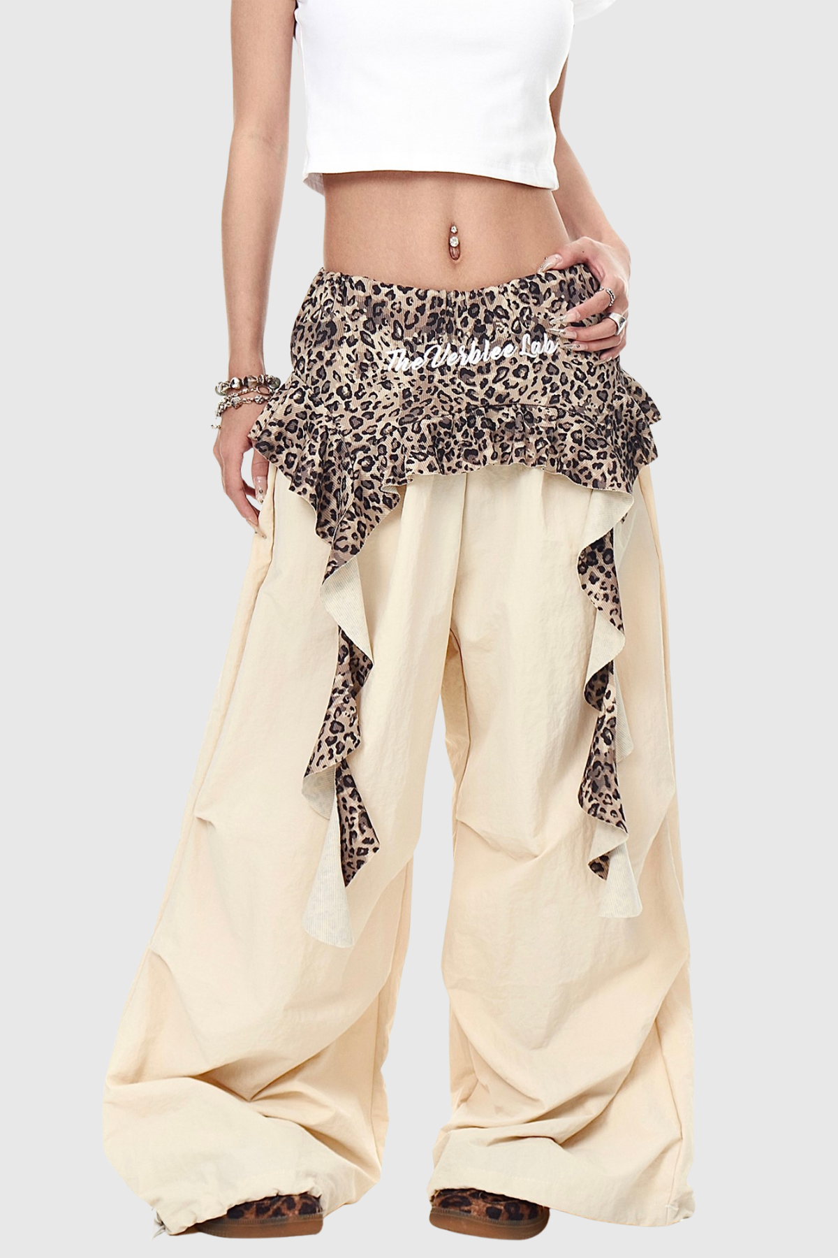 Baxle Leopard Ruffle Deconstruct Pants - Apricot