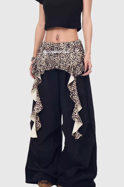Baxle Leopard Ruffle Deconstruct Pants - Black