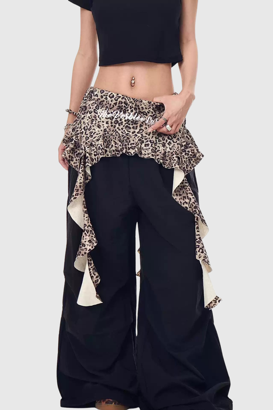 Baxle Leopard Ruffle Deconstruct Pants - Black