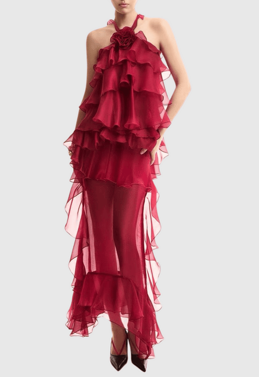 Bedelia Floral Halter Chiffon Ruffle Midi Dress