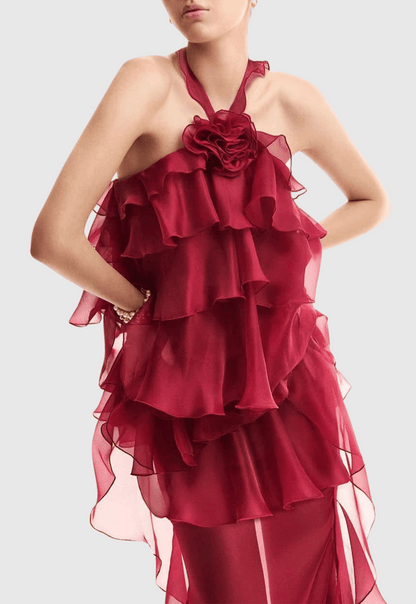 Bedelia Floral Halter Chiffon Ruffle Midi Dress