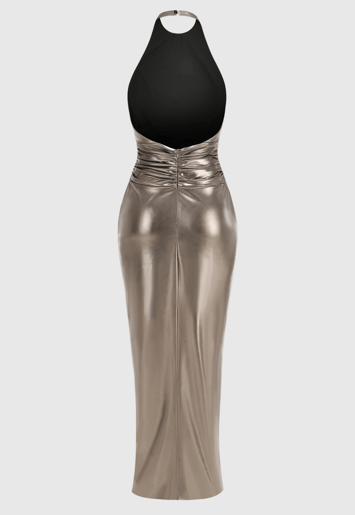 Berton Gold Halter Ruched Backless Split Maxi dress