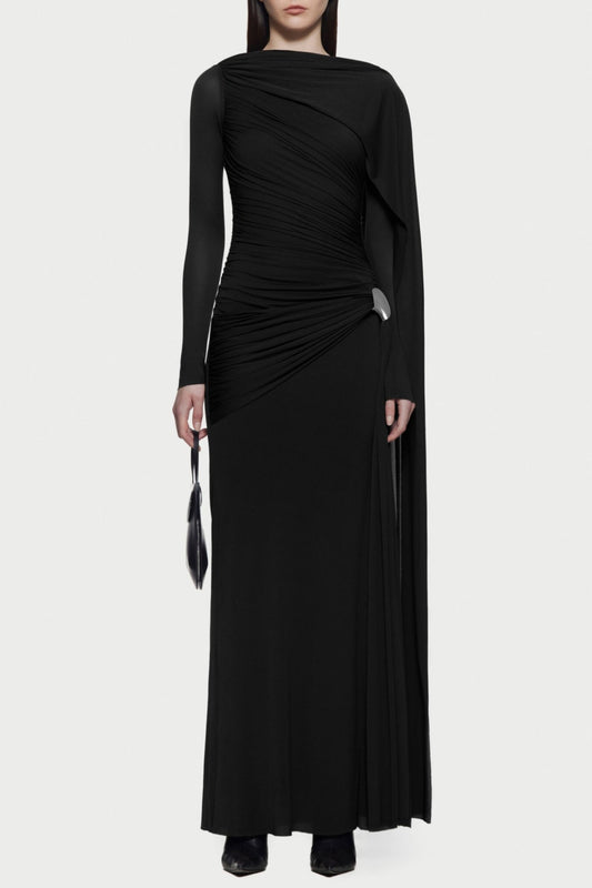 Betsey Asymmetrical Flap Ruched Maxi Dress - Black