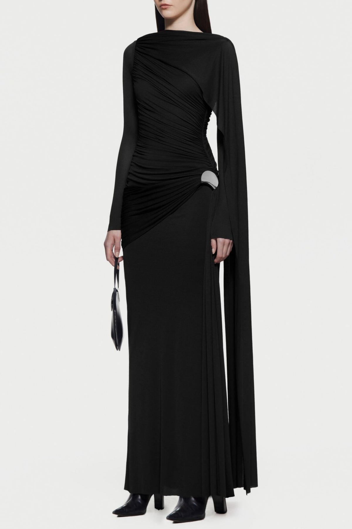 Betsey Asymmetrical Flap Ruched Maxi Dress - Black