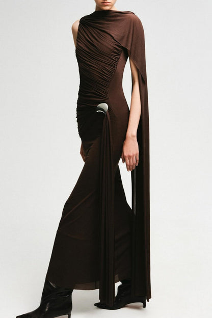 Betsey Asymmetrical Sleeveless Ruched Maxi Dress - Brown