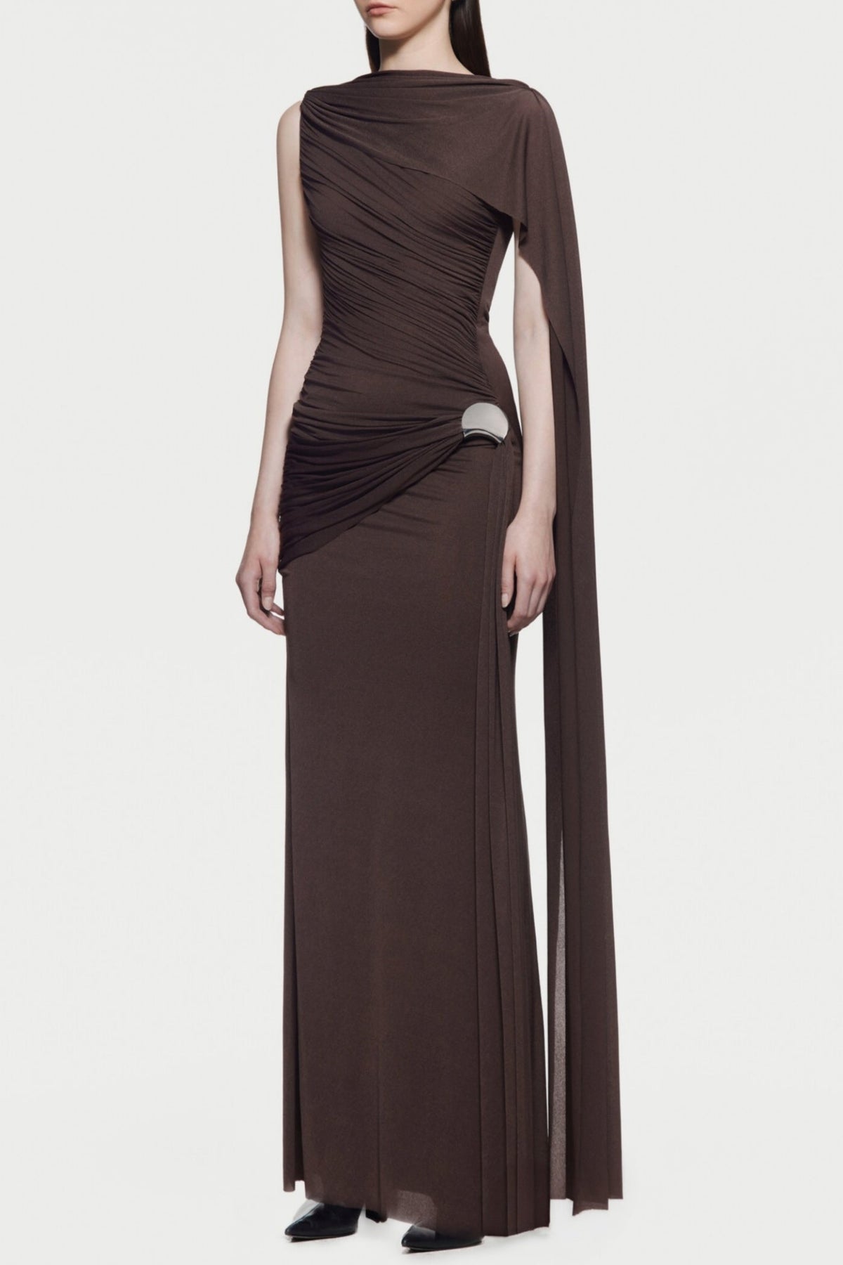 Betsey Asymmetrical Sleeveless Ruched Maxi Dress - Brown