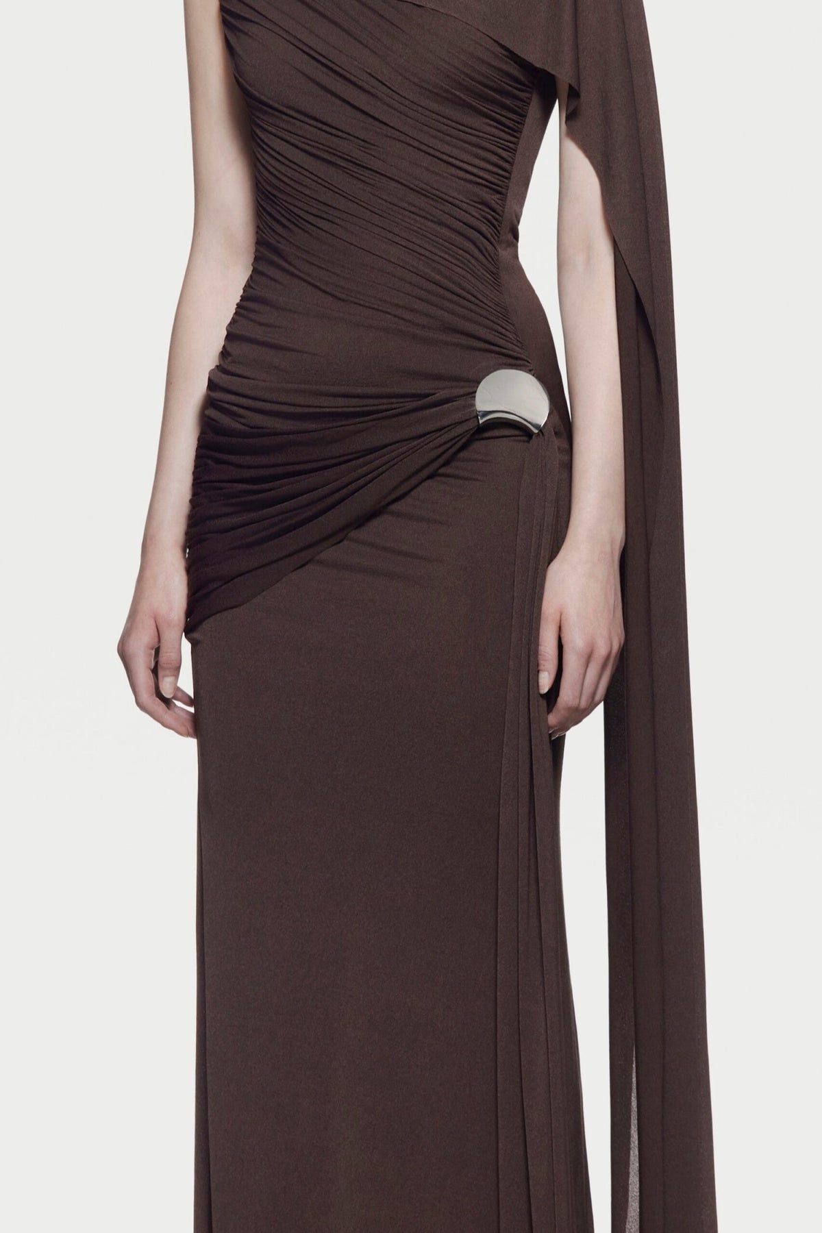 Betsey Asymmetrical Sleeveless Ruched Maxi Dress - Brown