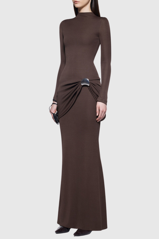 Betsey Dreaped Metal Embellished Maxi Dress - Brown