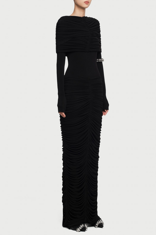 Birdya Symmetrical Draped Shoulder Maxi Dress - Black