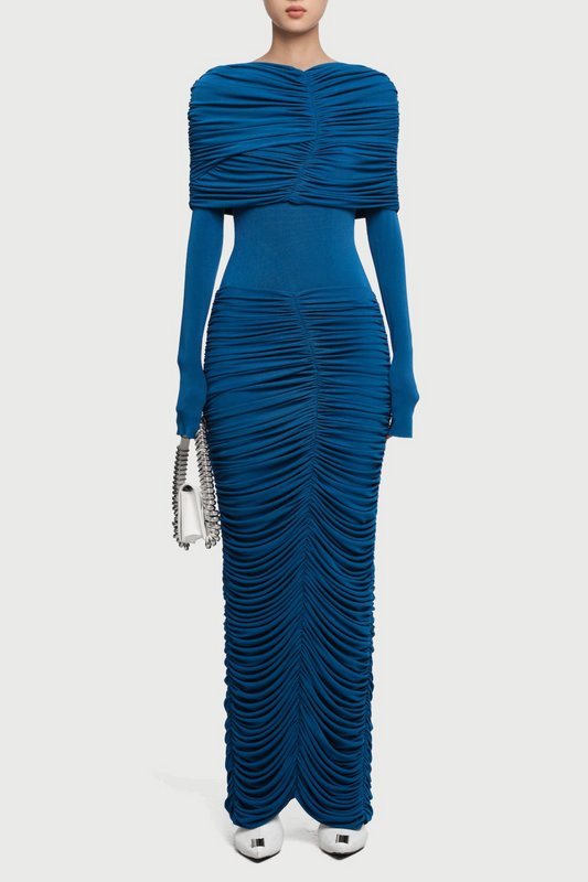 Birdya Symmetrical Draped Shoulder Maxi Dress - Navy