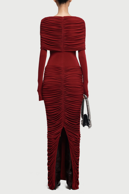 Birdya Symmetrical Draped Shoulder Maxi Dress - Wine