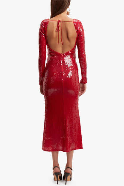 Brianna Sequin Midi Dress - Red