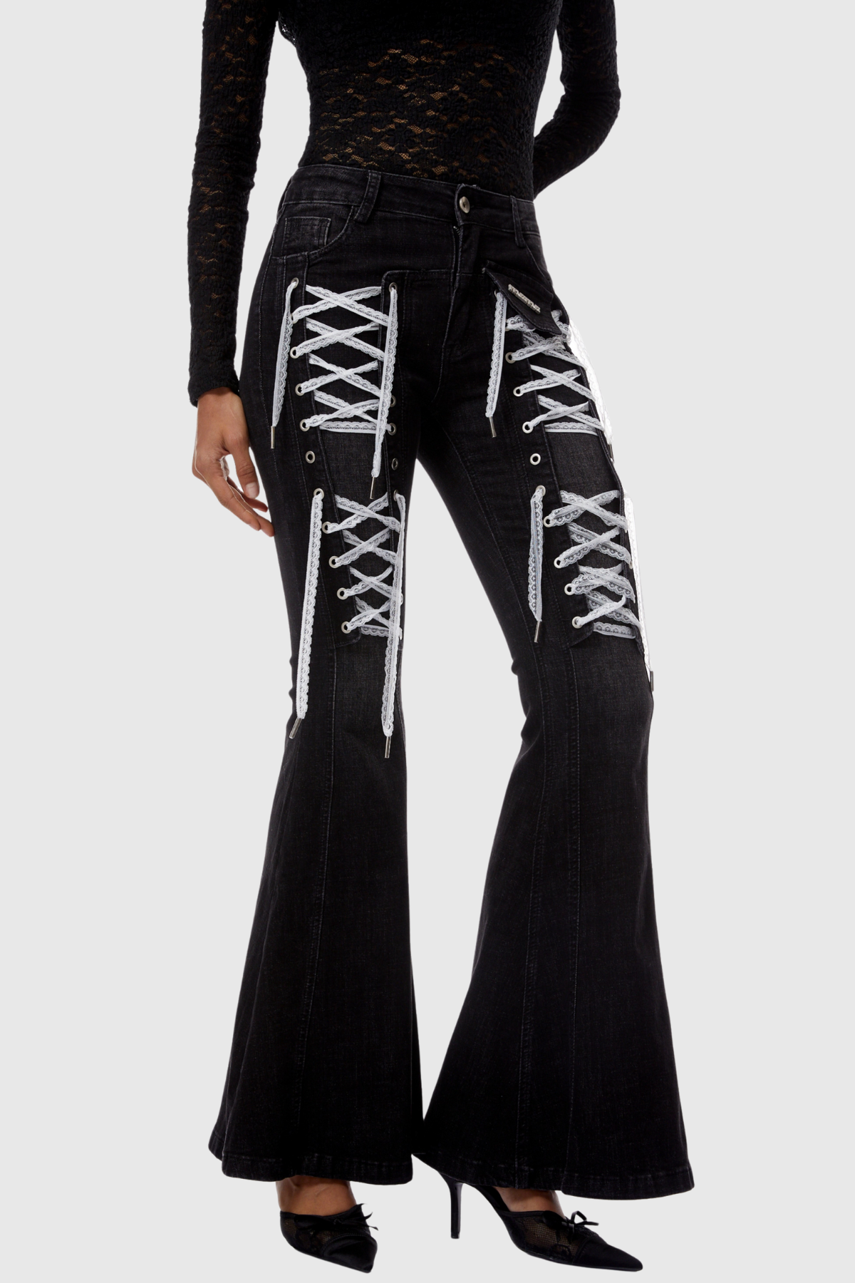 Bruna Lace Up Flared Jeans - Black