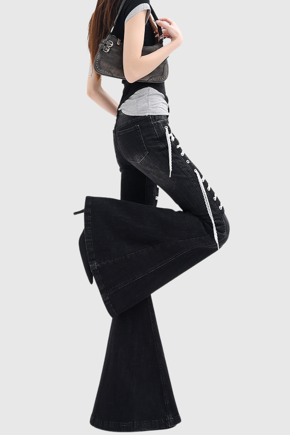 Bruna Lace Up Flared Jeans - Black