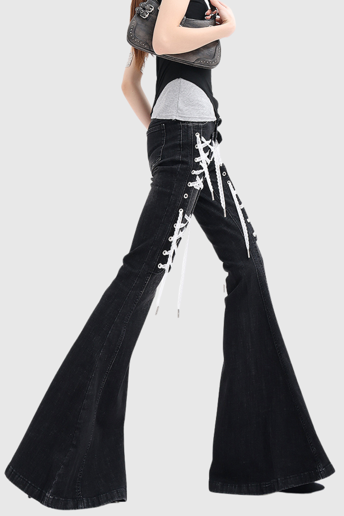 Bruna Lace Up Flared Jeans - Black