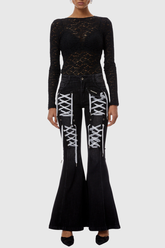 Bruna Lace Up Flared Jeans - Black