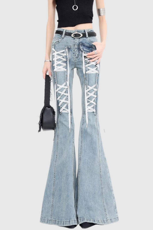 Bruna Lace Up Flared Jeans - Blue