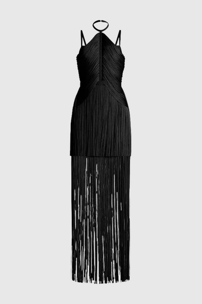 Doly Halter Fringed Maxi Bandage Dress - Black