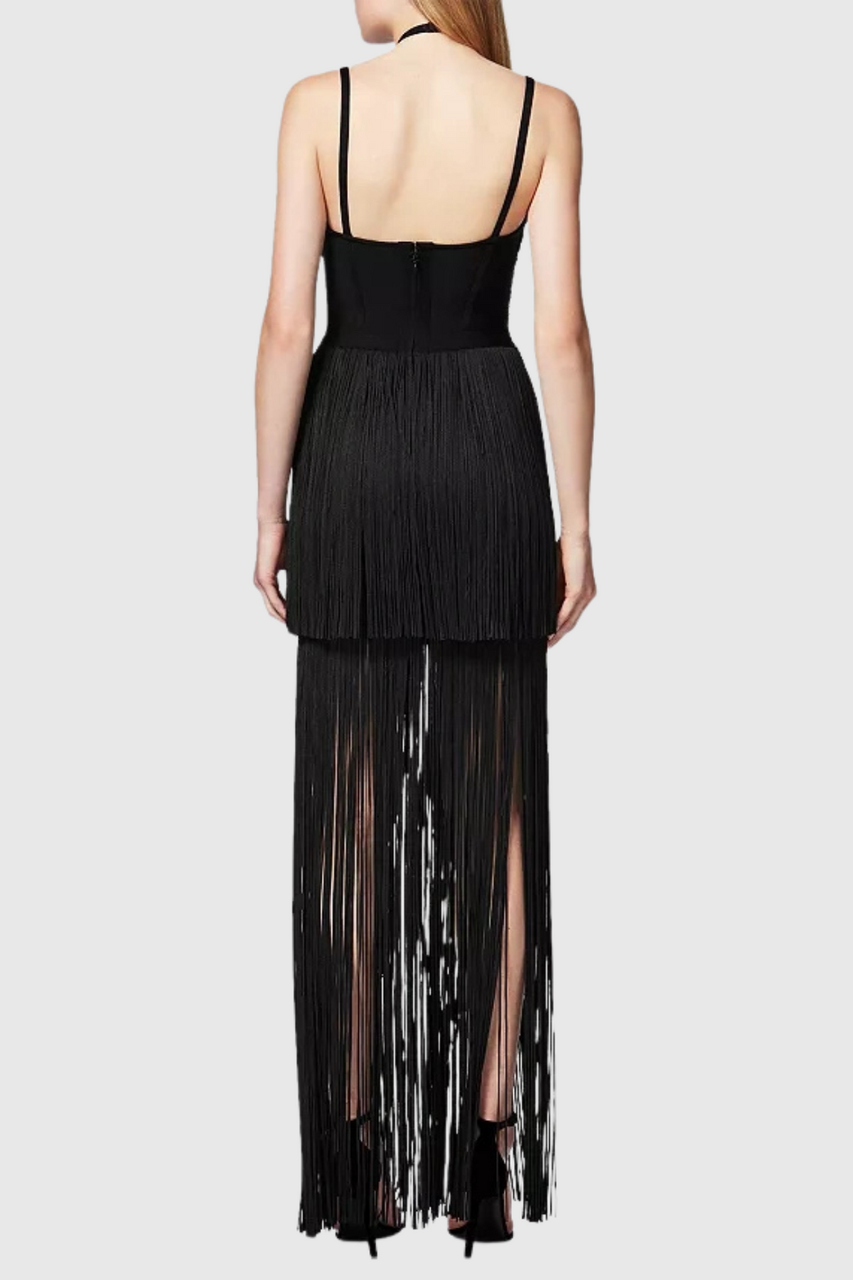 Doly Halter Fringed Maxi Bandage Dress - Black