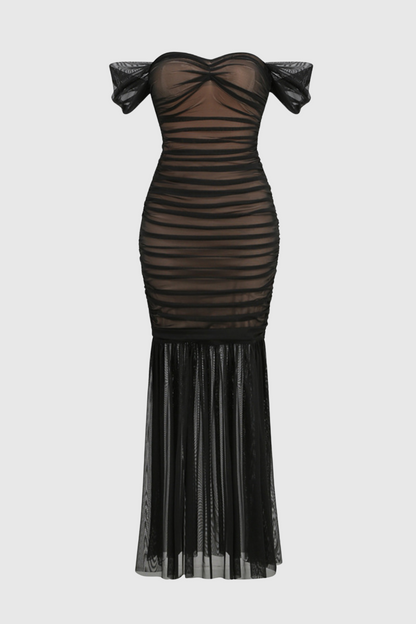 Cadhla Off Shoulder Ruched Mesh Maxi Dress