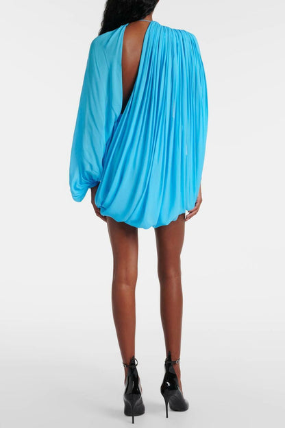 Cahya Asymmetric Draped Mesh Mini Dress